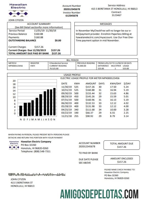 Para baixar modelo de conta de serviços públicos havaianos dos EUA em formato Word e PDF (.doc e .pdf)